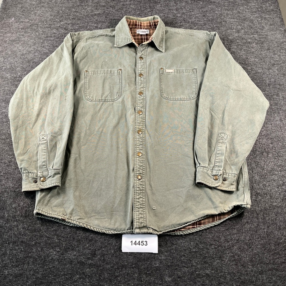 Vintage Carhartt Shacket Mens XL Tall Green Flannel Canvas Lined Cotton Snap Up
